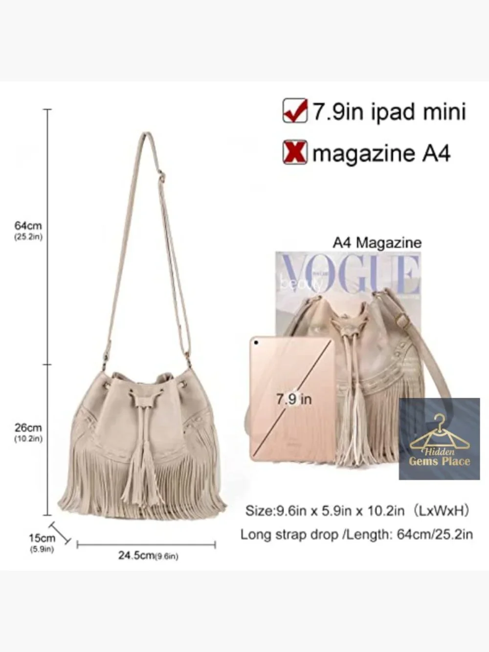 Vegan Leather Bucket Bag Crossbody Fringe Tassel Hobo Shoulder Purse Drawstring
